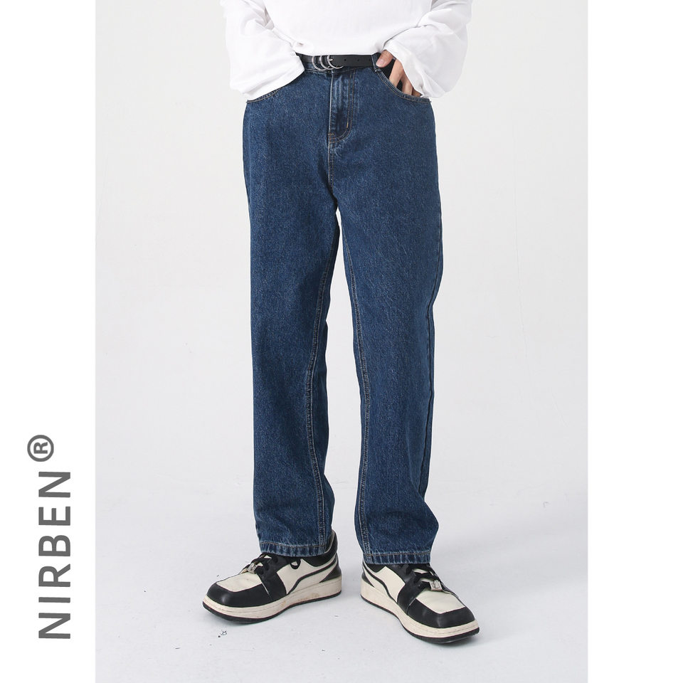 Quần jean nam ống thẳng lửng 9 tấc dáng rộng giặt wash phong cách Hàn Quốc — Màu đen, Denim xanh, Xanh lam đậm, Đen Xám