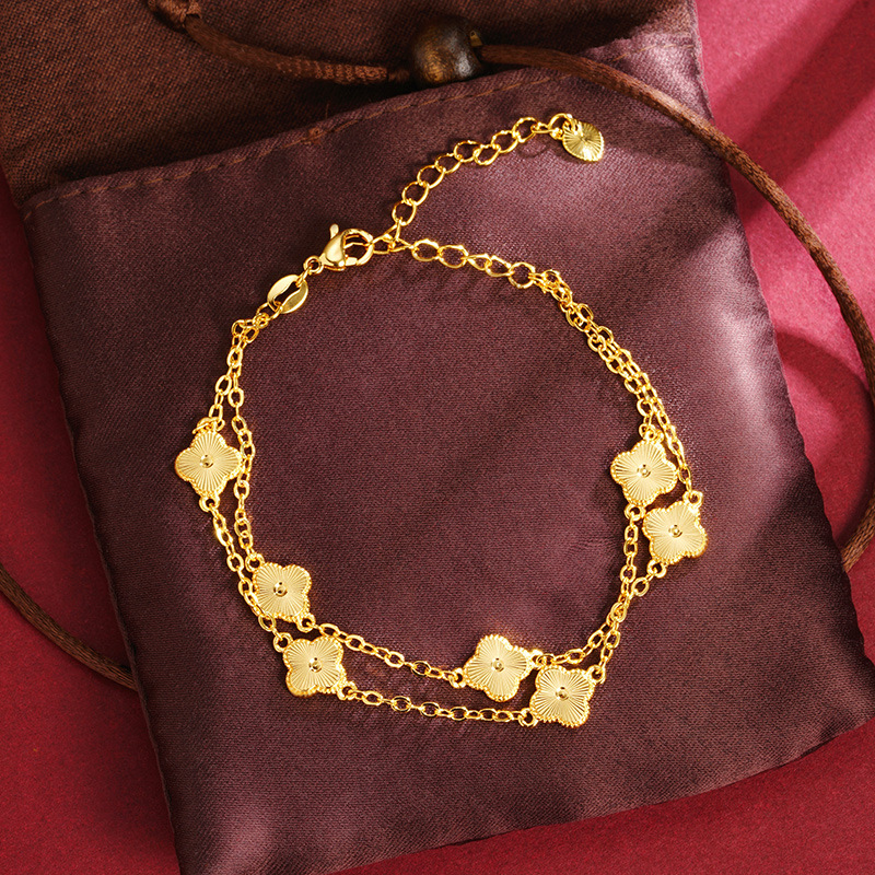 Nueva pulsera china de oro de arena vietnamita ligera de lujo de alto nivel de doble capa de cuatro hojas de flores de brazalete de joyería de mano de larga duración