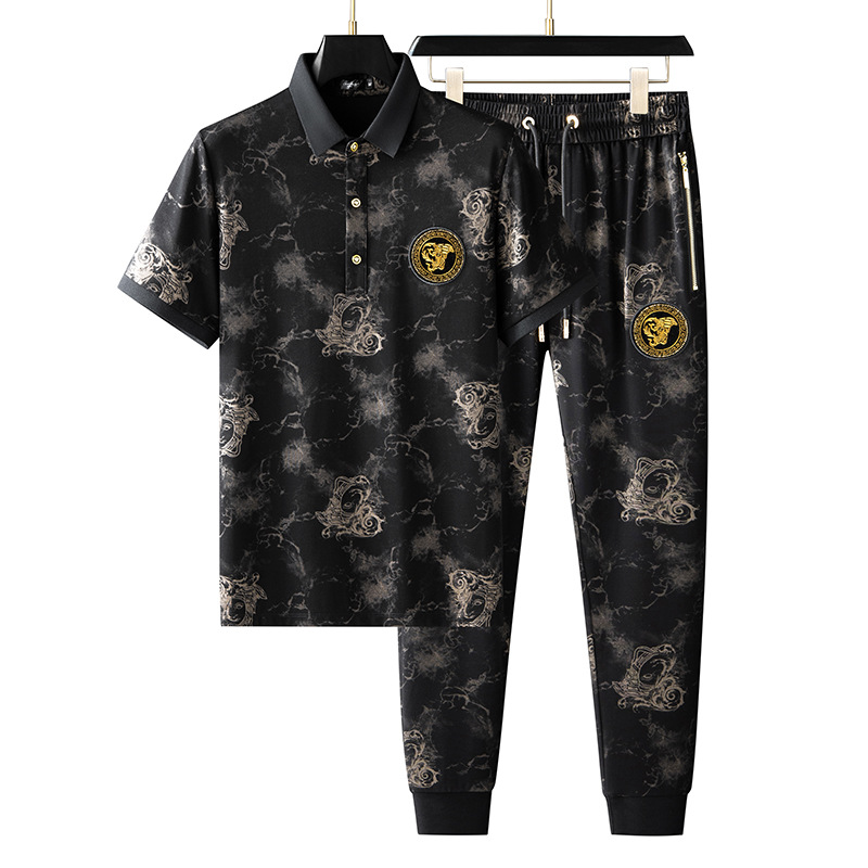 European Station Men's Light Luxury Printed Casual Sports Two-piece Set Men's Short-sleeved Trousers Suit 2023 Summer New
