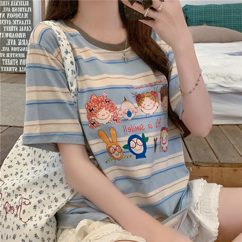 卡通撞色条纹短袖t恤女2025新款夏季美式宽松洋气减龄学院风上衣|undefined