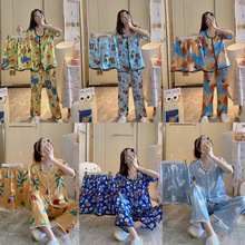 【7款】韩版新款仿真丝翻领卡通印花 短袖女士休闲三件套可外穿潮