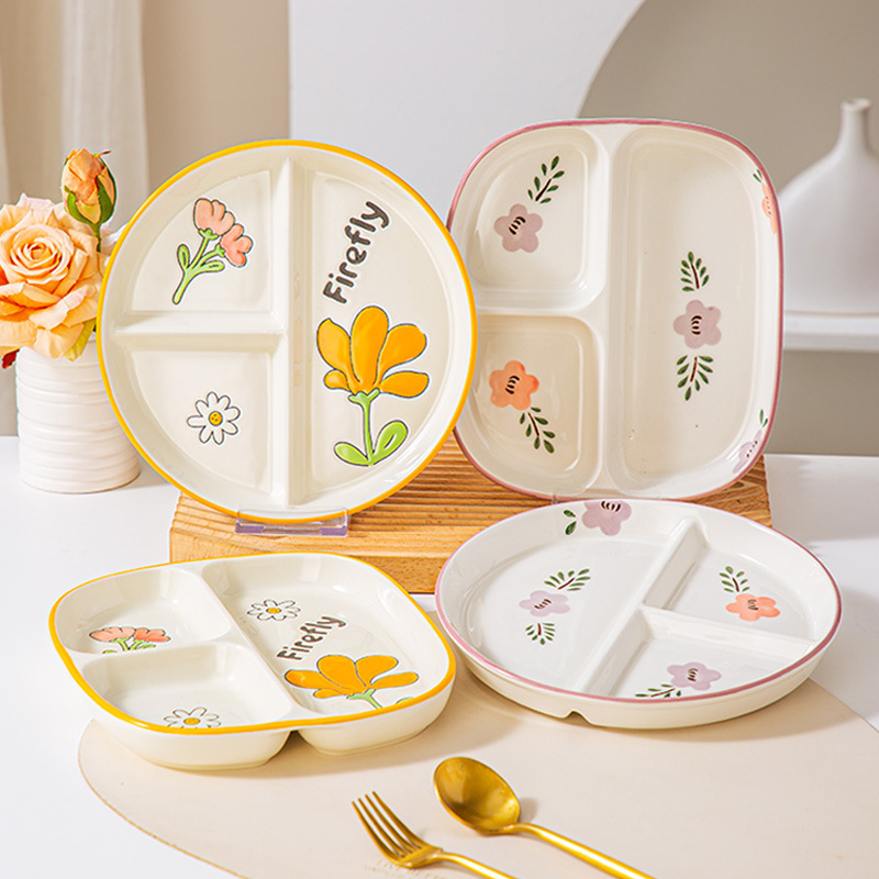 Dielectric Fat-reducing Dinner Plate for One-person Household Breakfast Tableware Children's Ceramic Nordic Quantitative Plate Three-compartment Dielectric Dinner Plate Dielectric Fat-reducing Dinner Plate for One-person Household Breakfast Tableware Children's Ceramic Nordic Quantitative Plate Three-compartment Dielectric Dinner Plate