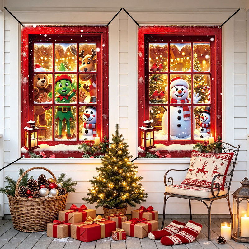 Cross-Border Hot-Selling Christmas Cartoon Snowman Fake Window Flag Cloth Window Decoration Curtain Holiday Atmosphere Background Hanging Cloth