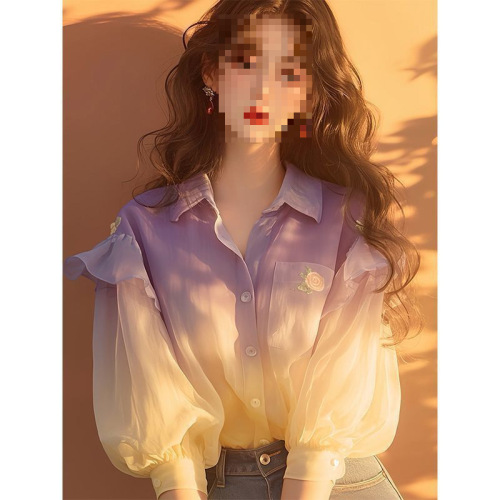 Purple chiffon blouse autumn women's fashion small niche unique bubble sleeve gradient color collision Hongguang