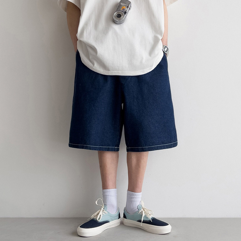 Summer Versatile Soda Studio Japanese Style Unisex Style Dark Blue Denim Shorts Loose Five-quarter Pants