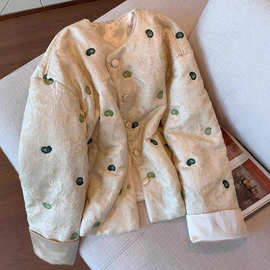 新中式腰果花提花刺绣棉服女秋冬新款高级感气质加厚夹棉国风外套
