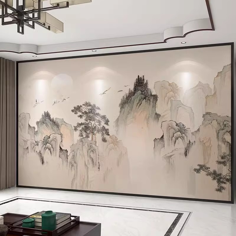 中式水墨山水画墙板客厅电视背景护墙板办公茶室装饰集成碳晶墙板