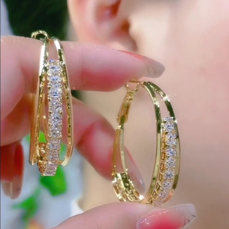 欧美时尚夸张锆石耳环女气质名媛满钻圆圈耳坠925银针网红耳圈