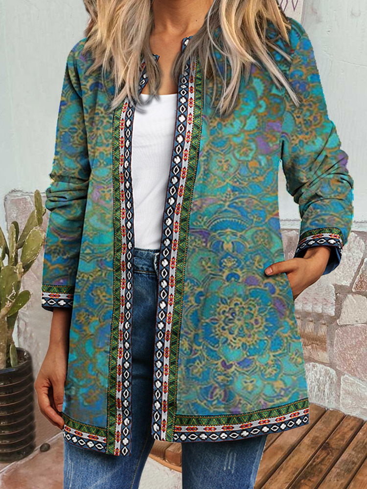 9223# Amazon Wish Autumn/Winter New Retro Ethnic Print Long-Sleeved Jacket Cardigan Women's Clothing