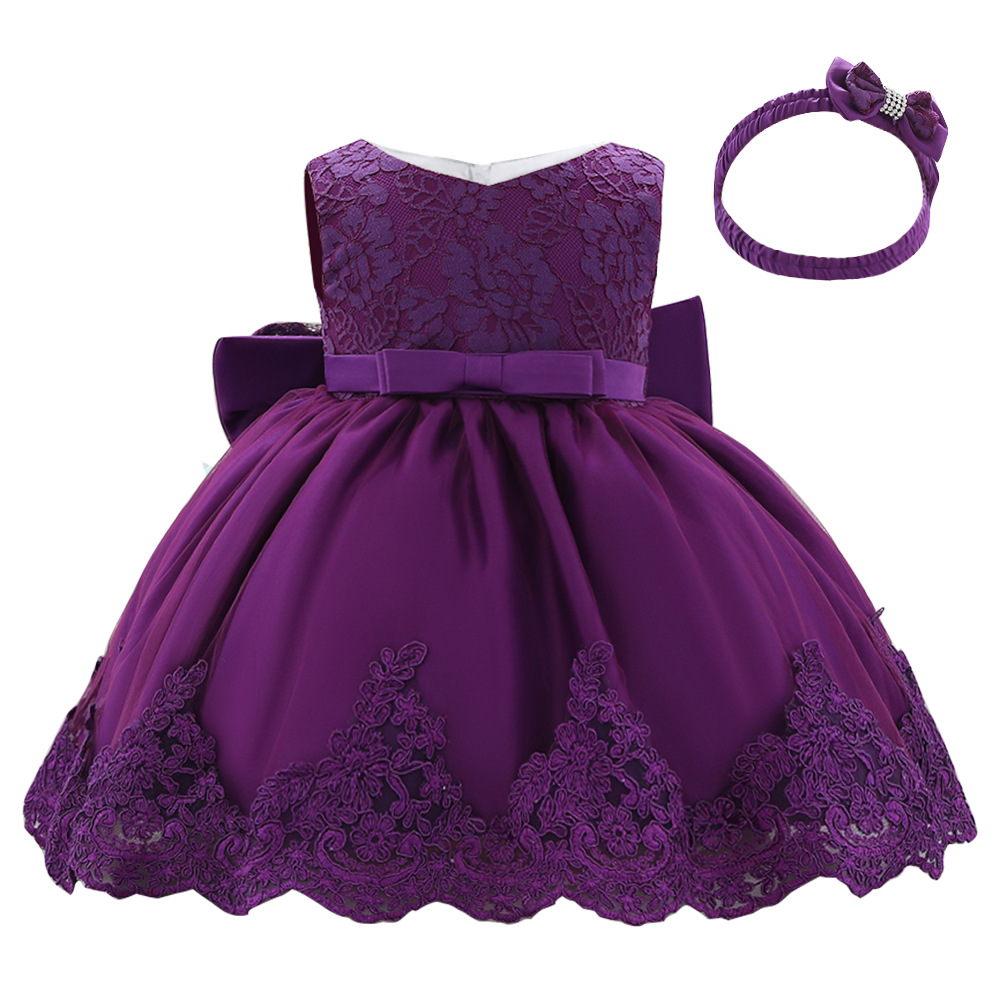 Vestido de bebé Amazon con lazo grande, vestido de novia de encaje, vestido de princesa, regalo para bebé de un año, diadema, superventas transfronterizo.