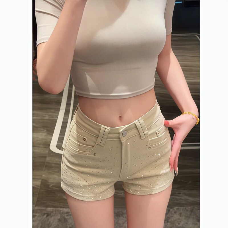 American-style hot girl khaki rhinestone-embellished butt-lifting denim shorts for women, new summer slim-fit low-waist hip-hugging hot pants