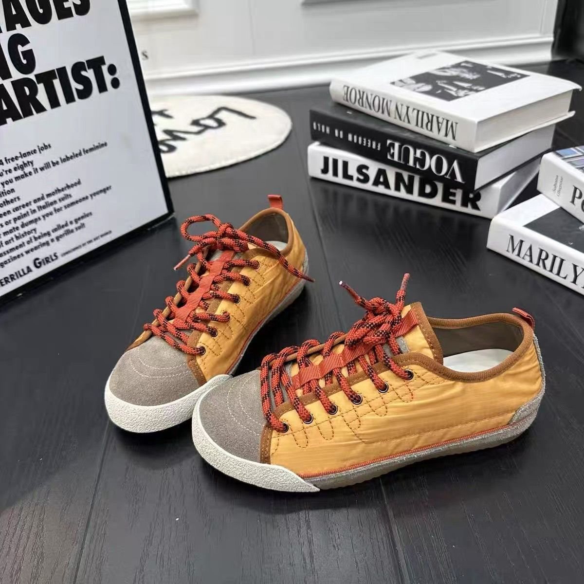 Retro Satin Soft Sole Casual Sneakers For Women 2026 Spring New Round Toe Lace-Up Color Block Versatile Fashionable_vogvips.com