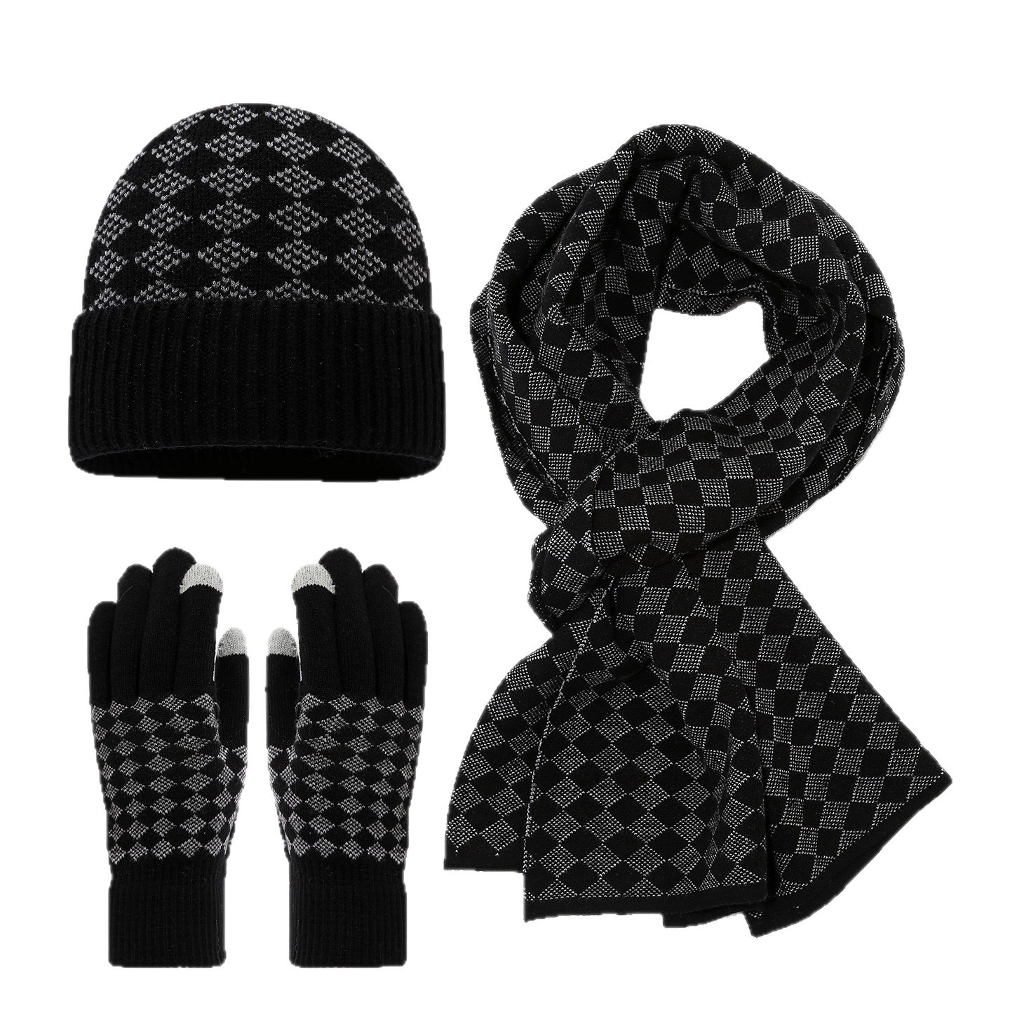 Otoño y invierno guantes de pantalla táctil caliente sombrero bufandas de tres piezas con cuadrícula de diamante antifría extranjera con set de punto caliente