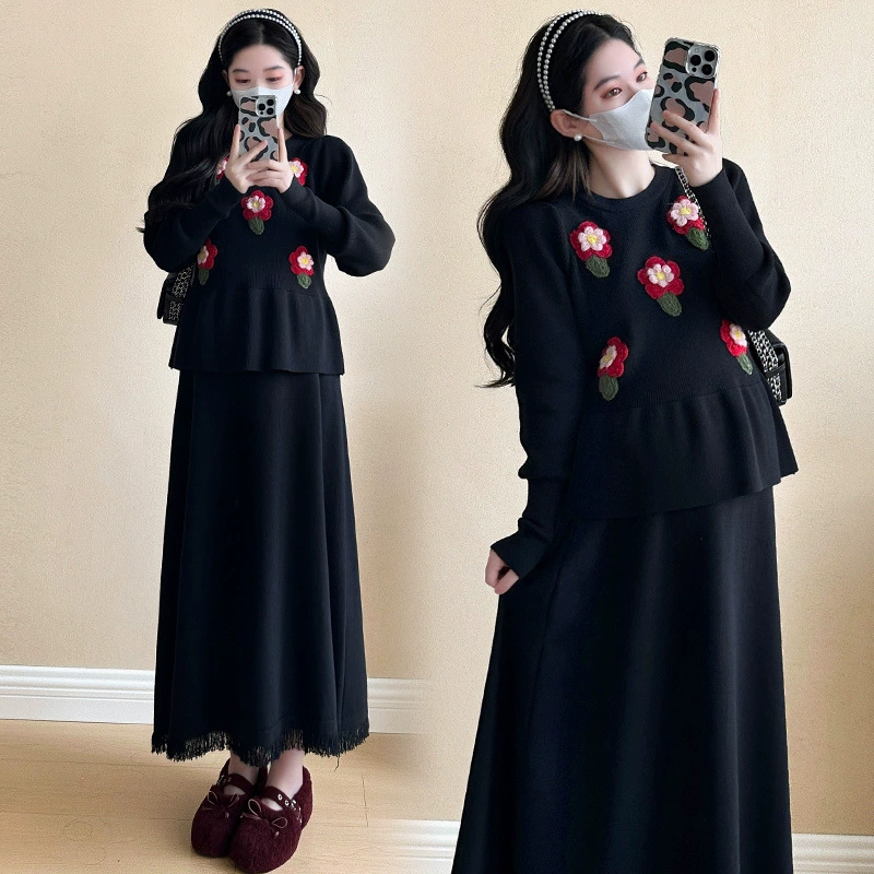 Пятно для беременных осенью и зимой 2025 года утолщенные корейские трикотажные цветочные топы трикотажные юбки для беременных