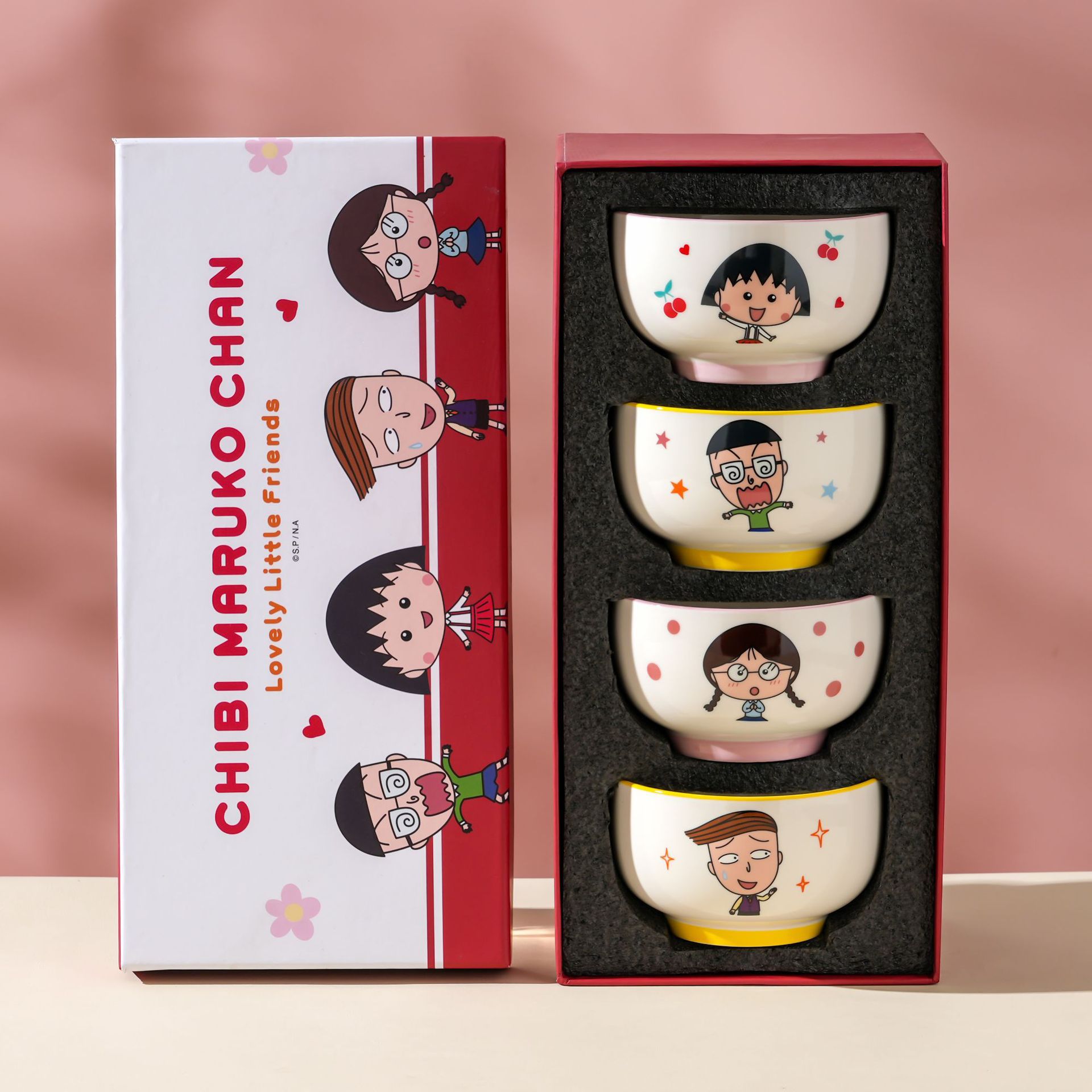 Pequeñas pelotas de cereza auténticas autorizadas encantadoras cubiertos domésticos con cuatro tazones de arroz de cerámica con patrón de dibujos animados caja de regalo