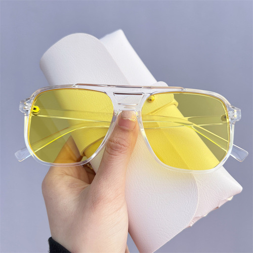 Stylish Trendy New Double-Bridge Gradient Color Eyeglass Frame for Men and Women, Unisex Sun Glasses for Large Faces, Slimming Sunglasses