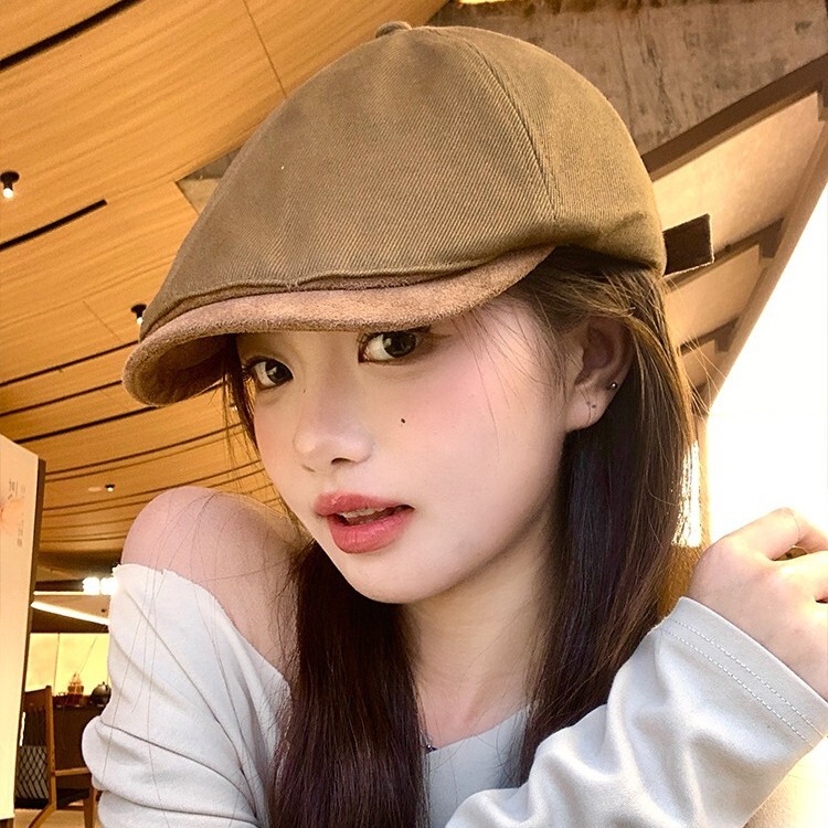 韩系复古拼色皮檐贝雷帽子女款美式时尚鸭舌帽休闲百搭纯棉前进帽|undefined