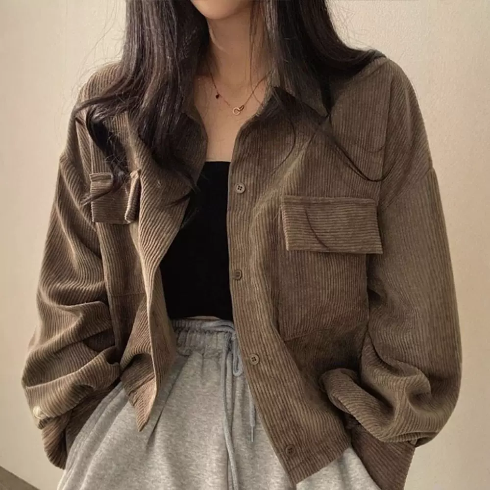 时尚休闲长袖春季灯芯绒欧美外套单排扣法式衬衫复古百搭翻领上衣