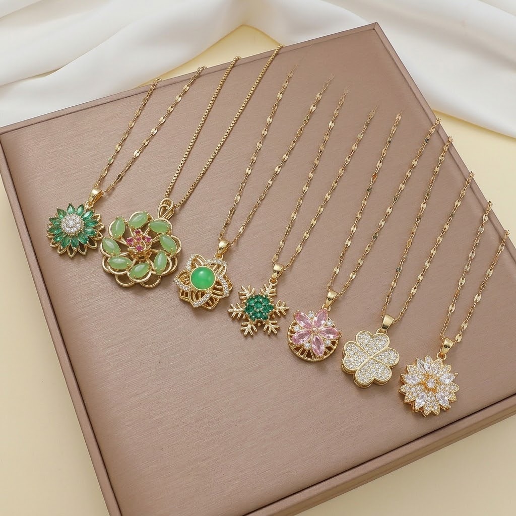 Necklace for Women Niche Fashion New Design Pendant Internet Celebrity Rotating Bauhinia Zircon Flower Temperament Titanium Steel Necklace