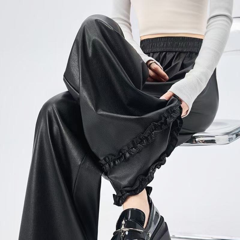 Pu Leather Pants Black Double-Layer Ruffle Wide-Leg Pants for Women Autumn American Style Trendy High-Waisted Straight-Leg Petite Casual Pants Pu Leather Pants Black Double-Layer Ruffle Wide-Leg Pants for Women Autumn American Style Trendy High-Waisted Straight-Leg Petite Casual Pants