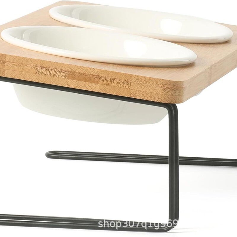 Elevated Bamboo Cat Bowl with Double Bowls to Protect Cervical Vertebrae, Ceramic Cat Food Bowl with Slanted Mouth, Pet Eating and Water Bowl for Cat Food