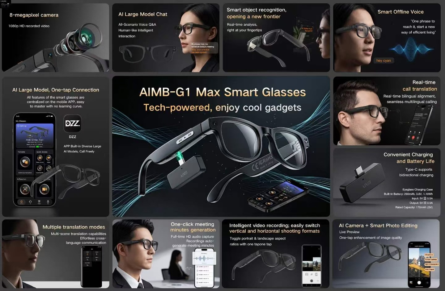 AIMB neuer G1MAX Smart-Brille 8 Millionen Bildstabilisierung 1080 HD-Videoaufnahme KI-Bilderkennung Übersetzung Anrufe