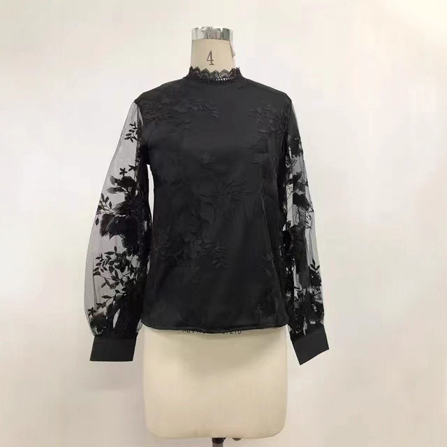 2022 new European and American foreign trade women's clothing Amazon lace bubble sleeve transparent round neck solid color top shirt in stock