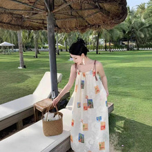 夏季新款波西米亚一字肩宽松印花长裙海边度假吊带连衣裙女批发