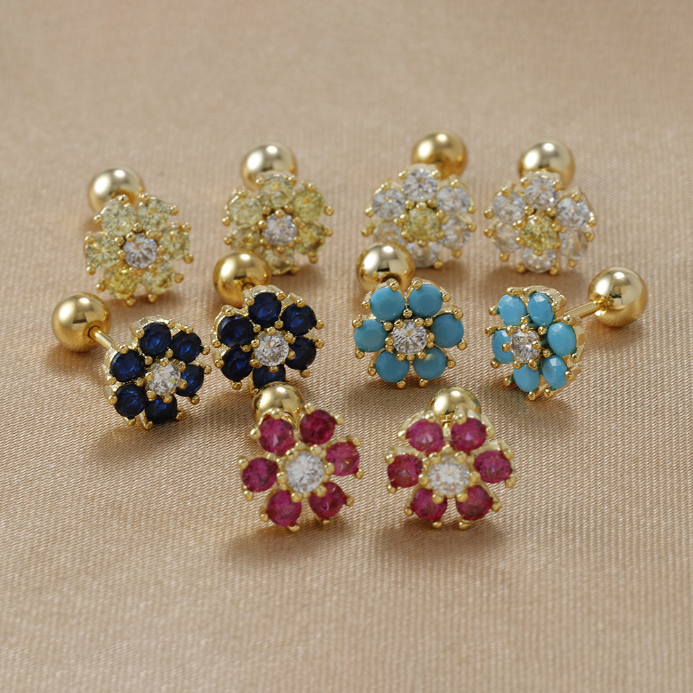 1 Paire Sucré Fleur Placage Incruster Acier Inoxydable Zircon Boucles D'oreilles display picture 1