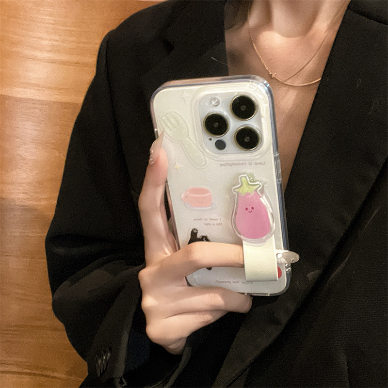Ins lindo gato iPhone13 manzana berenjena anillo hebilla 14ProMax para Apple 15P funda para teléfono móvil 12