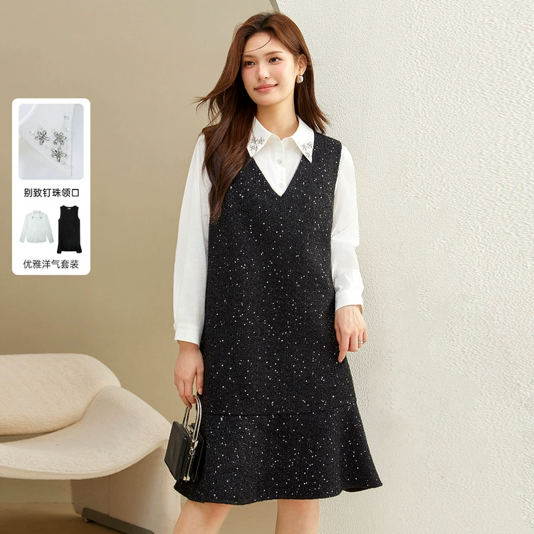 [Jingsha Light Профессиональный стиль, хлопчатобые шерстяные блестки, сложенные из двух частей] Fengshiu большой размер женской юбки толстый мм зимний новый