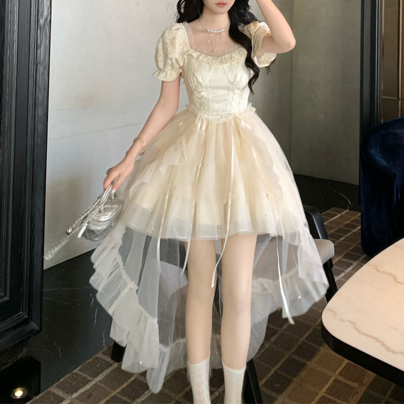 Half a Cup of Love: Large Bow Princess Dress, Jacquard Puffy Dress with Fine Glitter and Train, Birthday Dress, Summer Short Dress Half a Cup of Love: Large Bow Princess Dress, Jacquard Puffy Dress with Fine Glitter and Train, Birthday Dress, Summer Short Dress