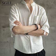 リネンシャツメンズ無地シャツルーズ紳士服中国風夏綿とリネンメンズカジュアルジャケット七分袖