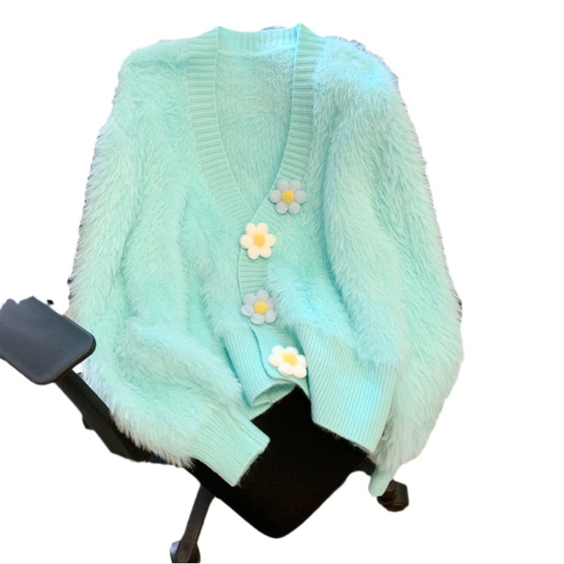 Новый осенне-зимний вязаный кардиган из искусственного меха норки, женская куртка во французском стиле с цветочным узором, на пуговицах, с V-образным вырезом, модный.
