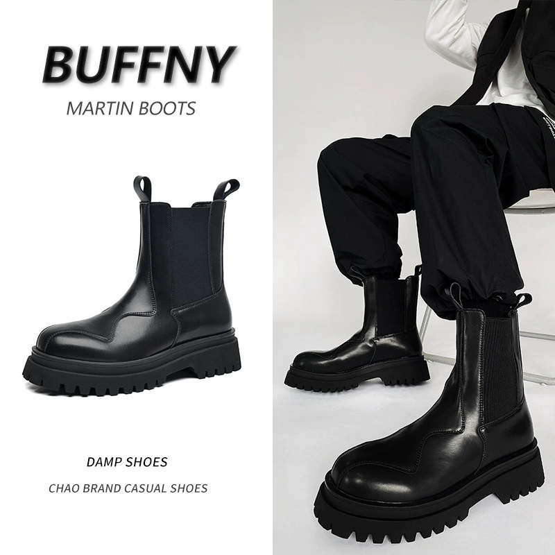 2023 зимние новые ретро-нишевые черные кожаные сапоги дымчатые сапоги приливные толстые нижние рукава увеличение высоты ботинки челси