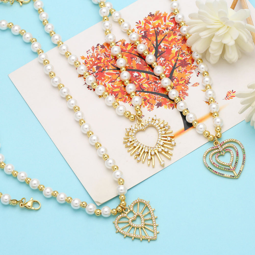 Fashion Heart Shape Copper Pearl Plating Inlay Zircon Pendant Necklace 1 Piece