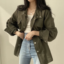 韩国chic秋季复古气质假口袋设计抽绳收腰显瘦工装夹克风衣外套女