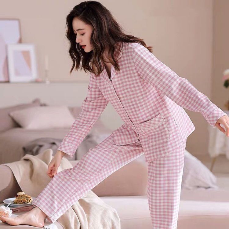 100% pijamas de algodón de primavera y otoño de las mujeres de manga larga cardigan conjunto de dos piezas se puede usar fuera de casa traje de desgaste