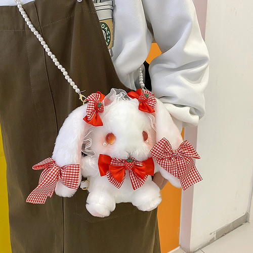 Cute strawberry big-eared rabbit bead chain crossbody bag Korean version ins cartoon shoulder bag girl heart doll plush bag