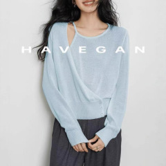与间HAVEGAN/天丝亚麻针织衫女秋季2025新款解构设计长袖宽松上衣