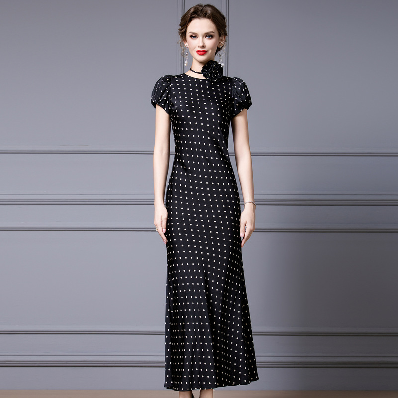 Zhili French-Style Minimalist Dress for Women, Summer 2026 New Designer Exquisite Floral Polka Dot Long Mermaid Dress