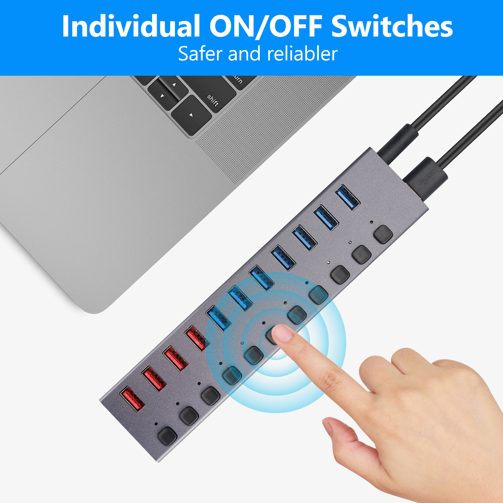 USB 3.0 11-Port Hub with QC Charging Multi-Interface Expander, Independent Switch, and Power Supply