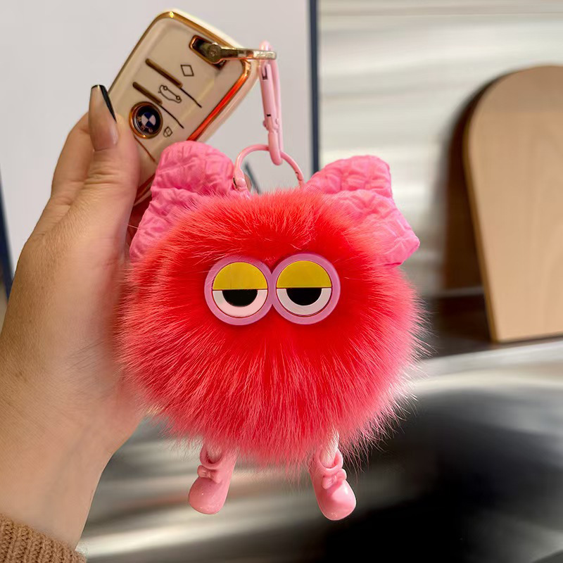 Grandes ojos arco peluche bolsas lindas llaveras de automóviles colgantes de bola de carbón imitación zorro colgantes de bola de pelo