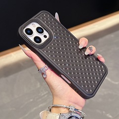菱形网格皮质适用iPhone16Proma手机壳钻满天星苹果15防摔保护套