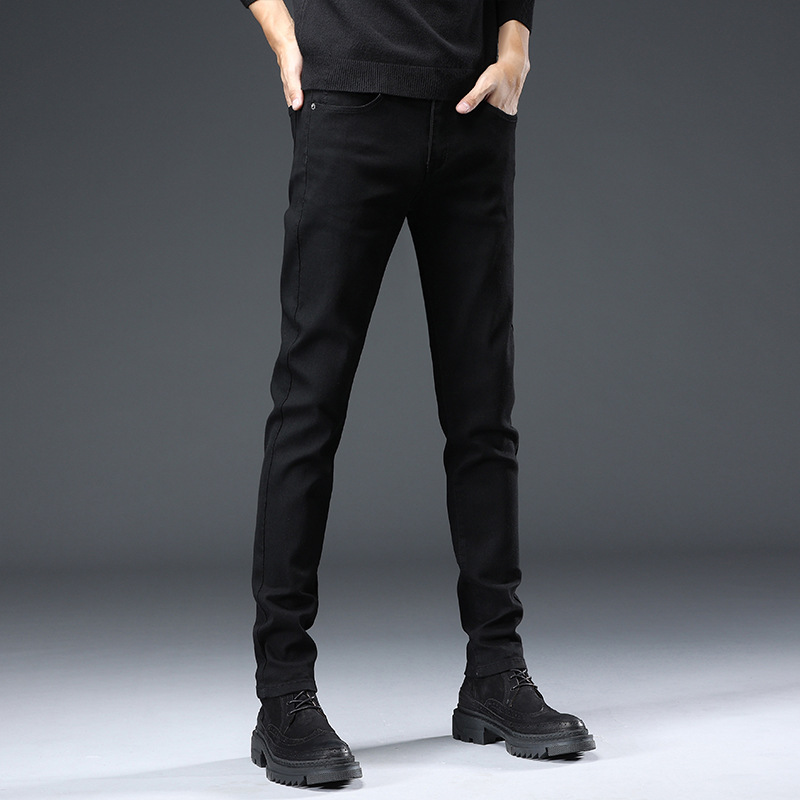 Verano Delgado jeans hombres slim fit estilo coreano moda slim fit stretch negro adelgazamiento pantalones largos