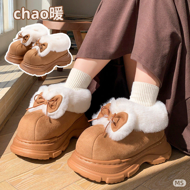 冬季外穿时尚蝴蝶结女款雪地靴毛绒踩屎感厚底保暖防滑时尚棉鞋|undefined