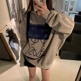 灰色圆领卫衣女秋冬装加绒加厚2024年新款宽松休闲慵懒风长袖上衣