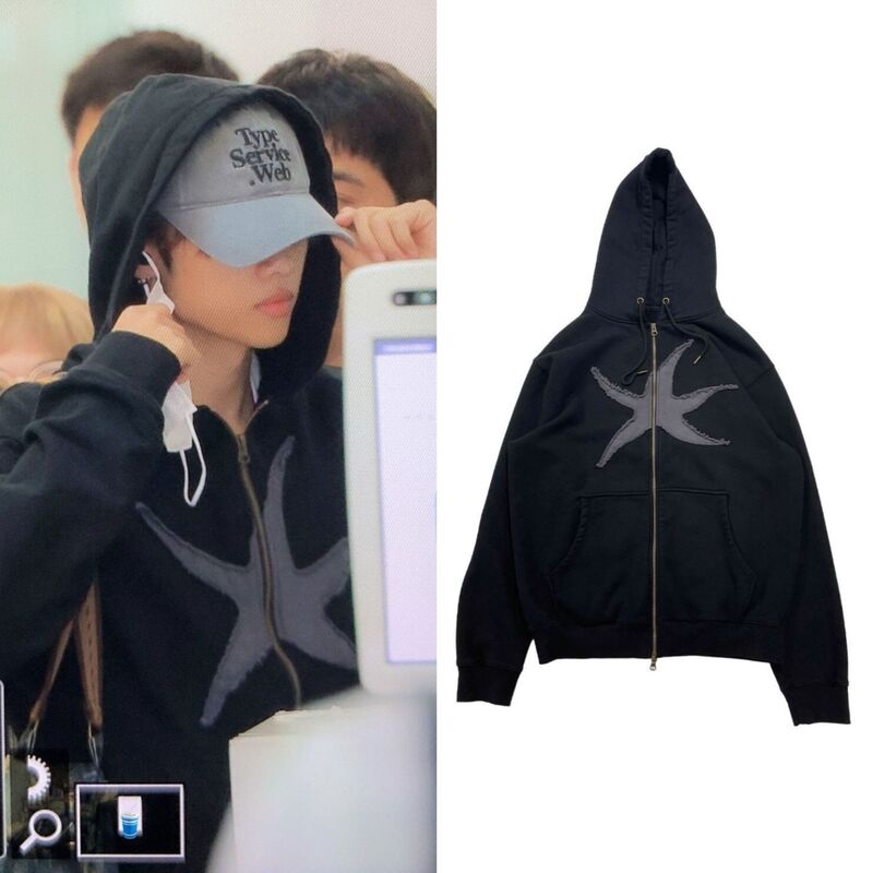Kim Seon-Woo and Ming Jae-Hyun's Same Style Korean Trendy Brand Tcm Five-Pointed Star Print Long-Sleeve Hooded Zip-Up Sweatshirt Jacket for Women