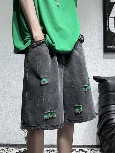 Men's Summer Thin Streetwear Distressed Denim Shorts: Trendy, Loose-Fit, Straight-Leg, Cropped, and Baggy 