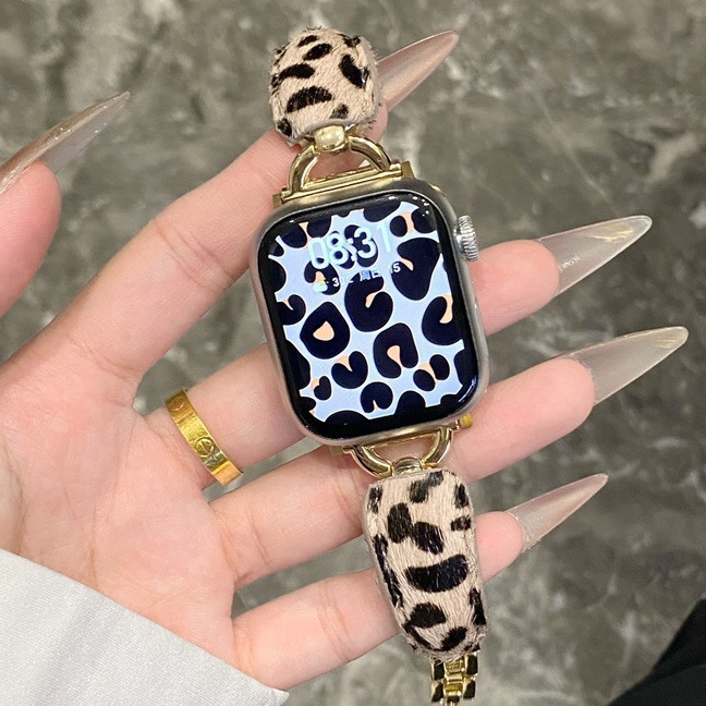 For Apple Watch Strap SE 9 Autumn and Winter iwatch10 Bracelet D-Curved Leather Leopard Print Watch S10